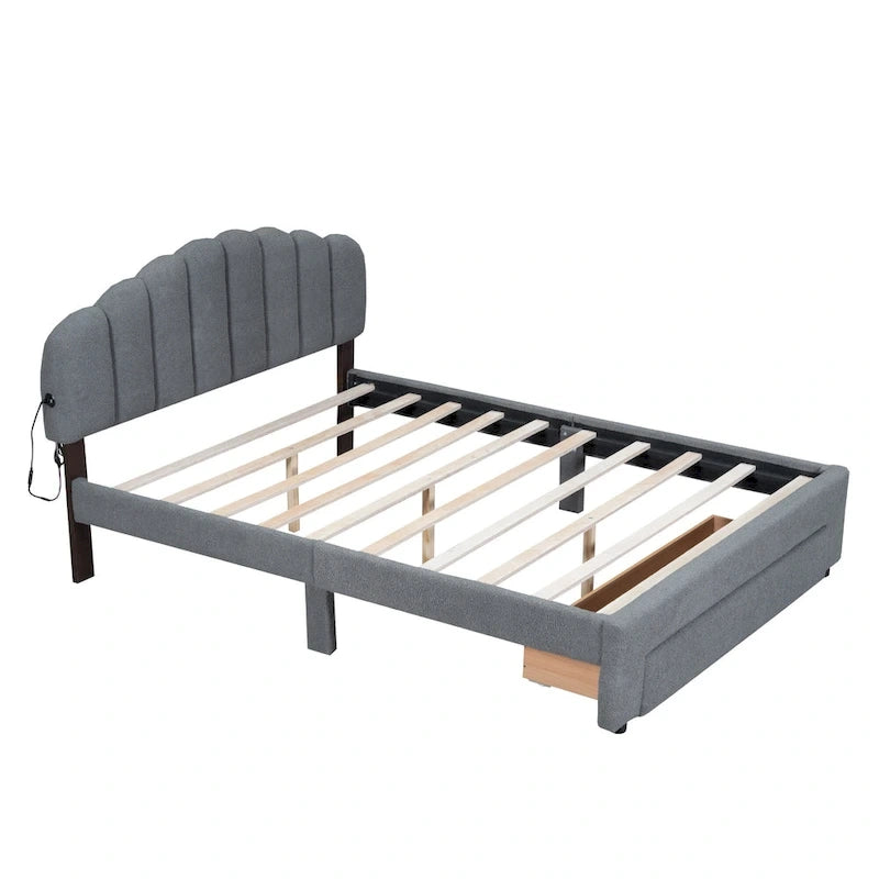 Lit plateforme rembourré en polaire Teddy, format Queen, avec tiroir