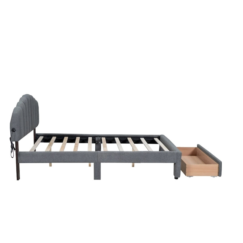 Lit plateforme rembourré en polaire Teddy, format Queen, avec tiroir