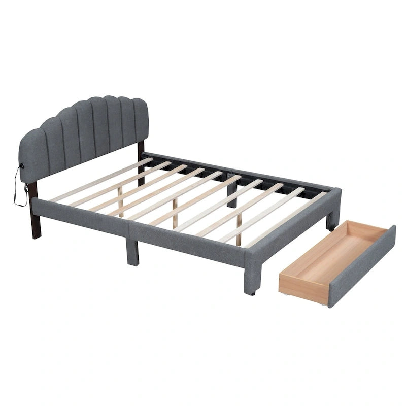 Lit plateforme rembourré en polaire Teddy, format Queen, avec tiroir