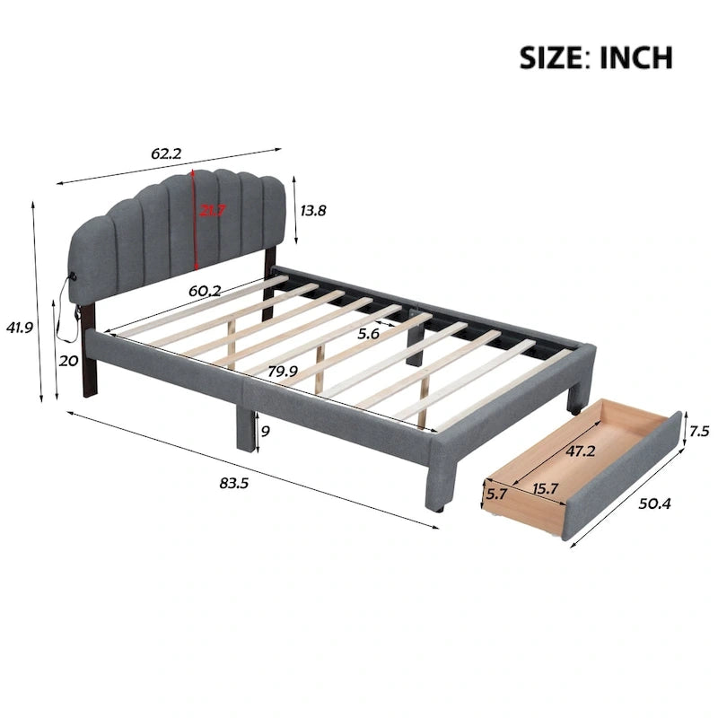 Lit plateforme rembourré en polaire Teddy, format Queen, avec tiroir