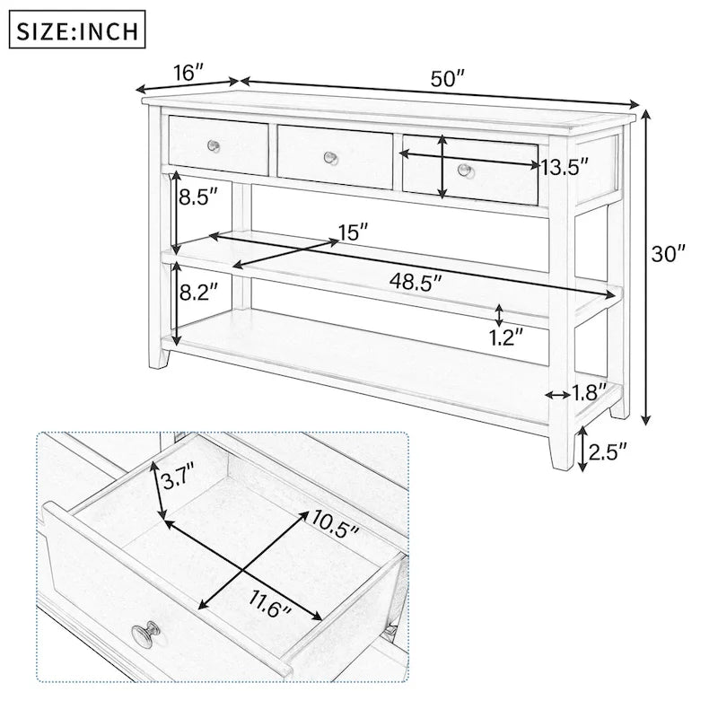 Console avec 2 étagères ouvertes - 16,00 x 50,00 x 30,00