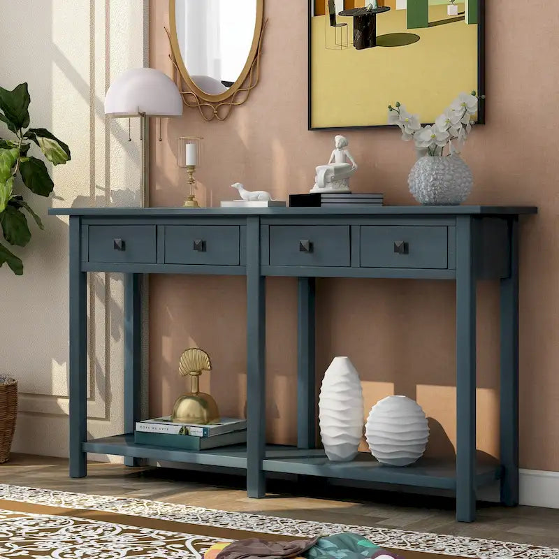 Console d'entrée ancienne bleu marine avec tiroir et étagère