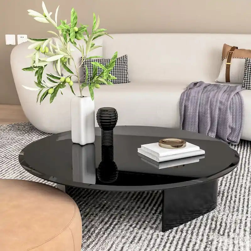 Plateau de table rond en verre trempé noir à bords biseautés