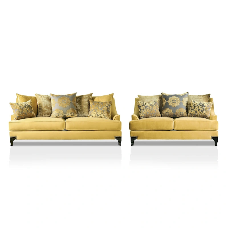 Ensemble canapé et causeuse 2 pièces Gisc Taupe contemporain en tissu rembourré avec clous décoratifs, par Furniture of America