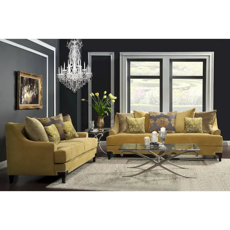 Ensemble canapé et causeuse 2 pièces Gisc Taupe contemporain en tissu rembourré avec clous décoratifs, par Furniture of America