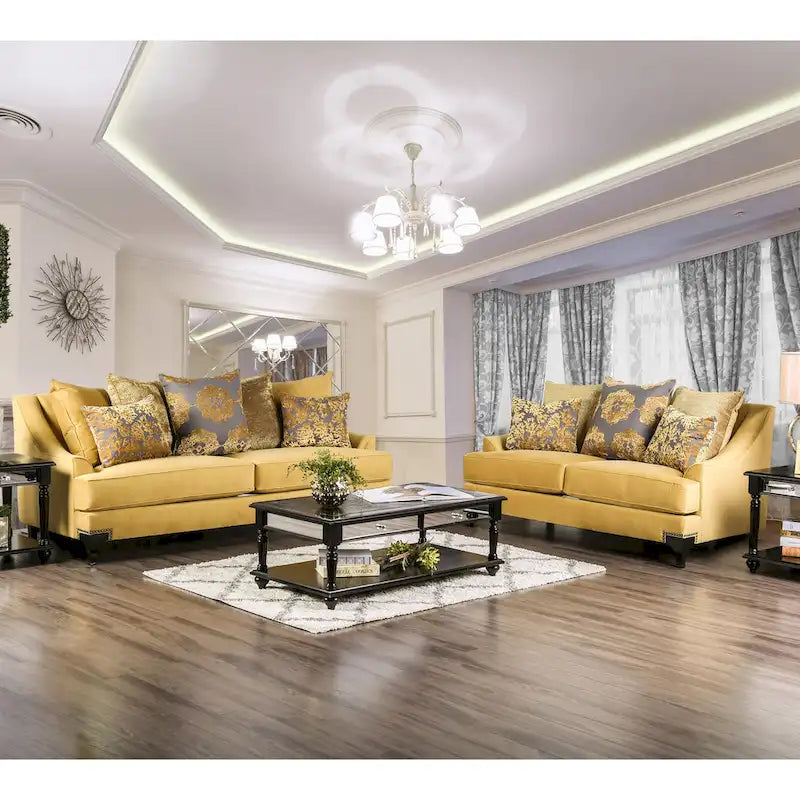 Ensemble canapé et causeuse 2 pièces Gisc Taupe contemporain en tissu rembourré avec clous décoratifs, par Furniture of America
