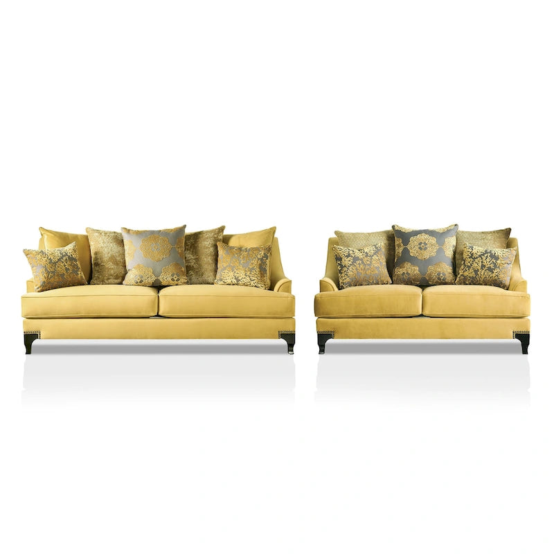 Ensemble canapé et causeuse 2 pièces Gisc Taupe contemporain en tissu rembourré avec clous décoratifs, par Furniture of America