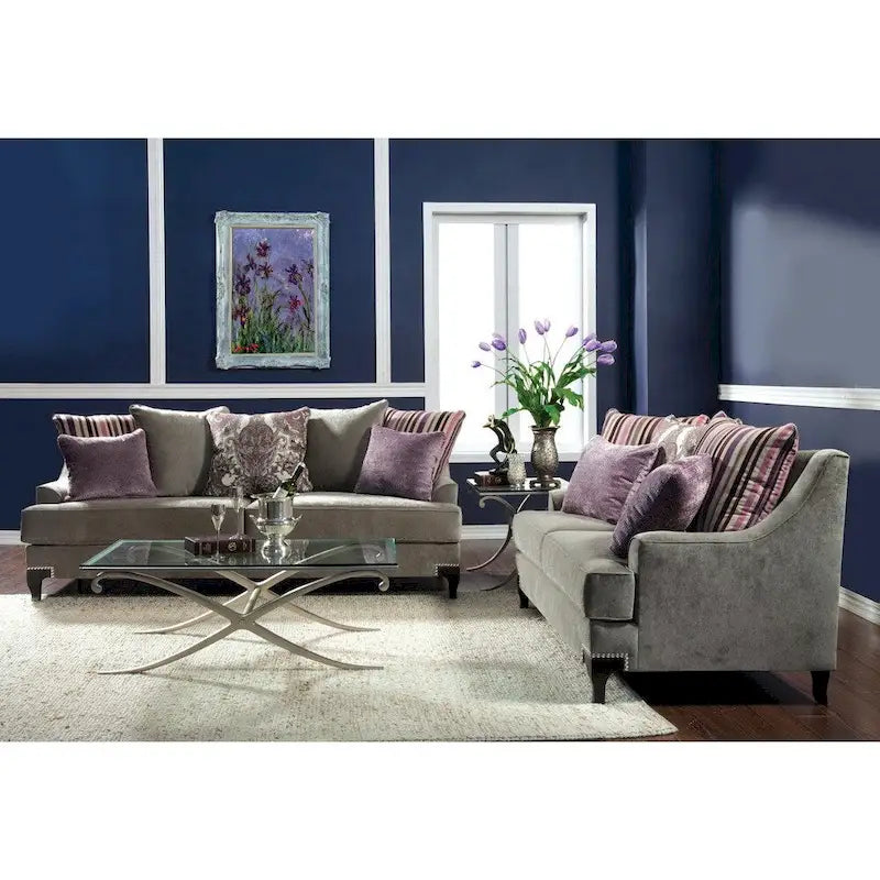 Ensemble canapé et causeuse 2 pièces Gisc Taupe contemporain en tissu rembourré avec clous décoratifs, par Furniture of America