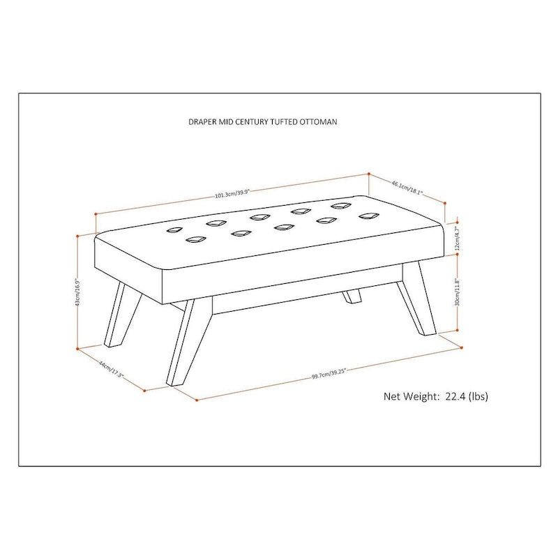 Banc ottoman rectangulaire de style moderne du milieu du siècle WYNDENHALL Tierney de 101,6 cm de large