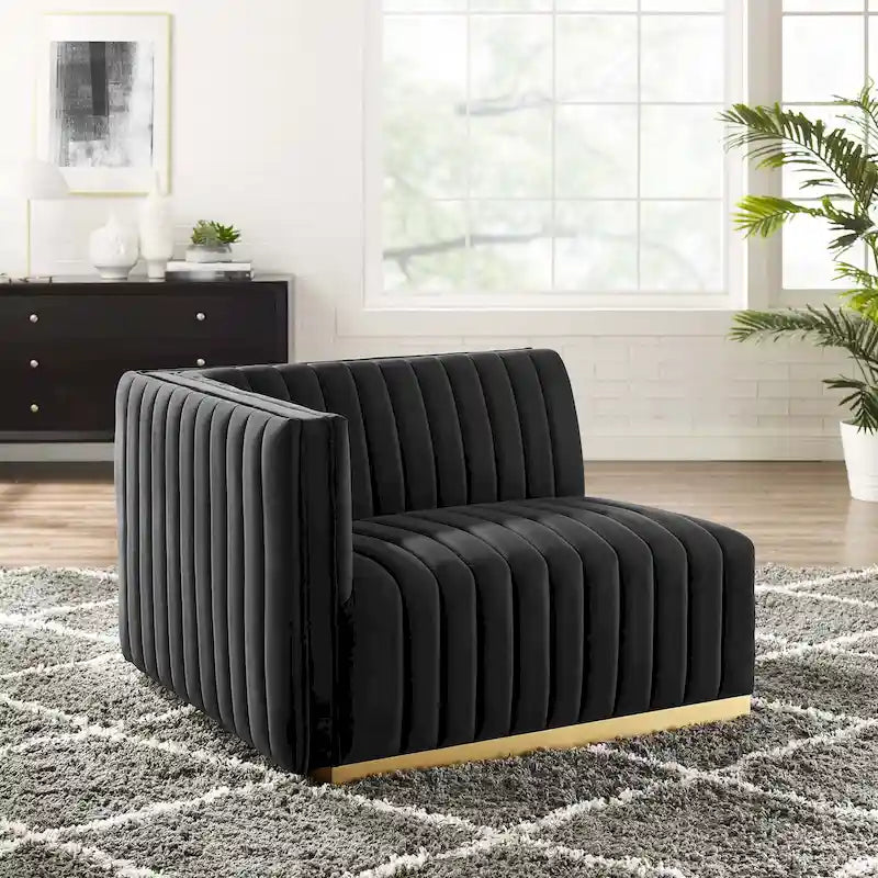 Fauteuil Conjure Channel capitonné en velours performant avec accoudoir gauche