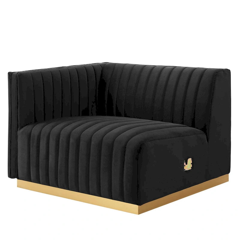 Fauteuil Conjure Channel capitonné en velours performant avec accoudoir gauche