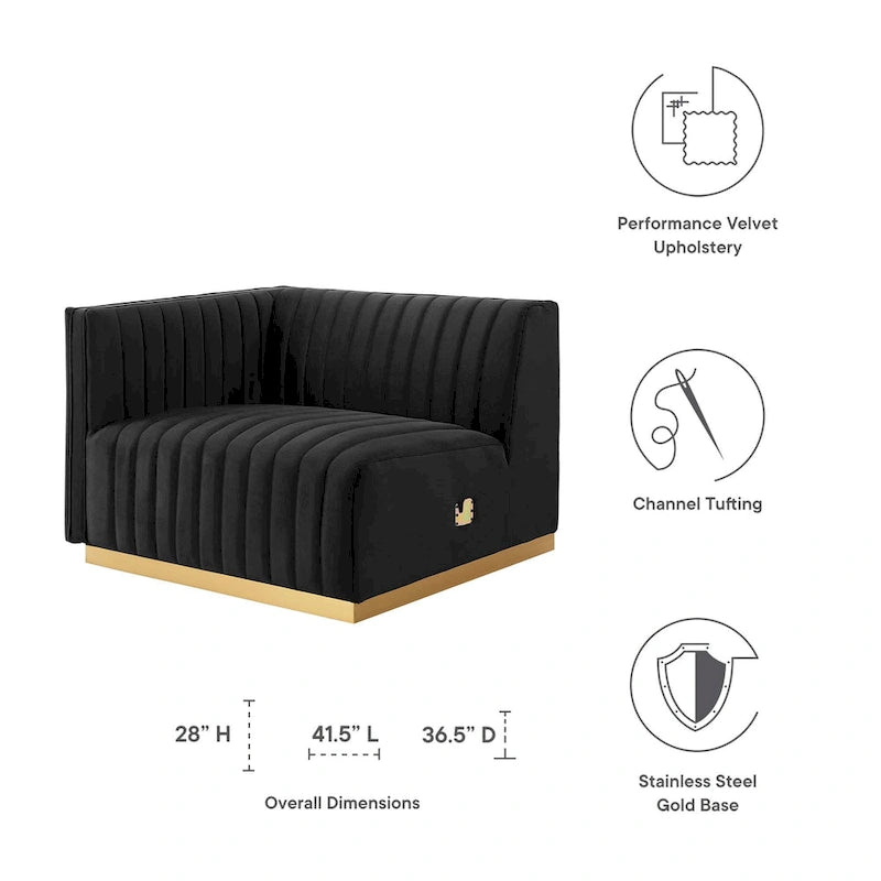 Fauteuil Conjure Channel capitonné en velours performant avec accoudoir gauche