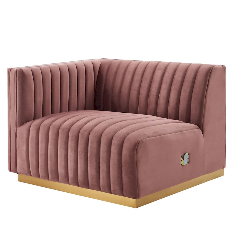 Fauteuil Conjure Channel capitonné en velours performant avec accoudoir gauche