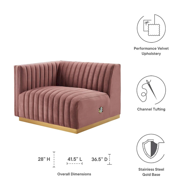 Fauteuil Conjure Channel capitonné en velours performant avec accoudoir gauche