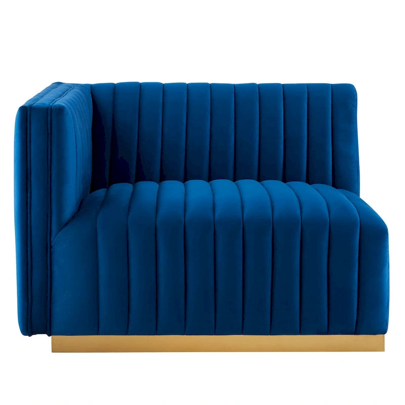 Fauteuil Conjure Channel capitonné en velours performant avec accoudoir gauche