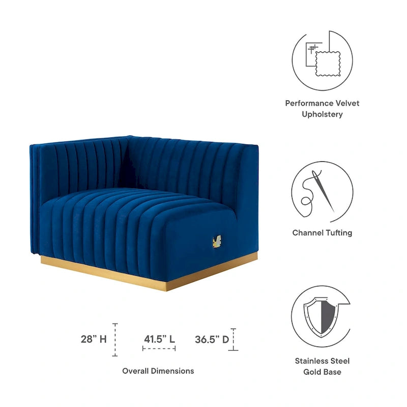 Fauteuil Conjure Channel capitonné en velours performant avec accoudoir gauche