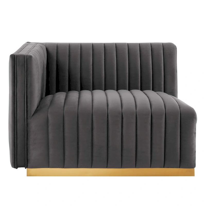 Fauteuil Conjure Channel capitonné en velours performant avec accoudoir gauche