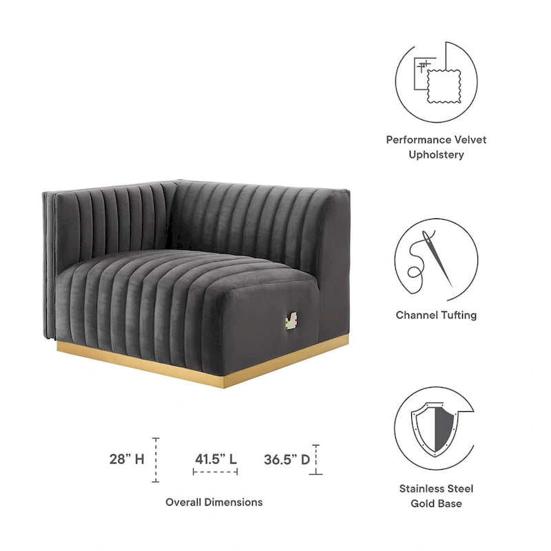 Fauteuil Conjure Channel capitonné en velours performant avec accoudoir gauche