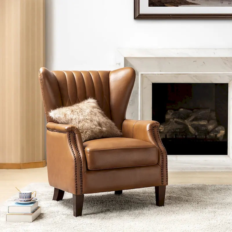 Fauteuil traditionnel Xaver en cuir véritable avec pieds en bois massif par HULALA HOME