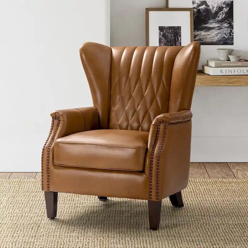 Fauteuil traditionnel Xaver en cuir véritable avec pieds en bois massif par HULALA HOME