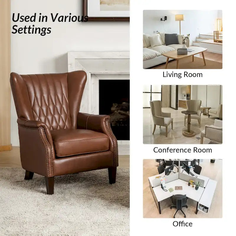 Fauteuil traditionnel Xaver en cuir véritable avec pieds en bois massif par HULALA HOME
