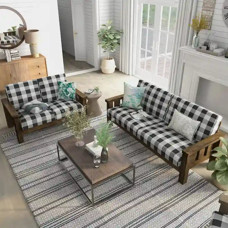 Jimo Rustic Oak and Linen Fabric 2-Piece Sofa Set by Furniture of America