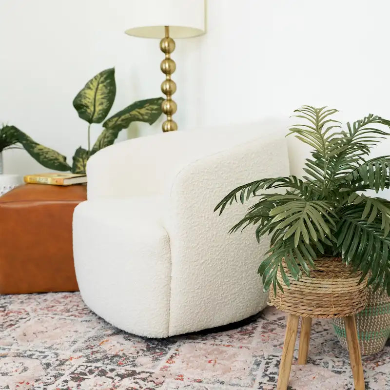 Fauteuil pivotant Belinda, style moderne du milieu du siècle, recouvert de tissu bouclé