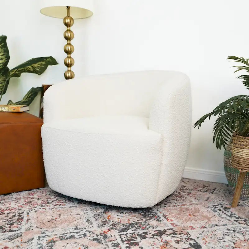 Fauteuil pivotant Belinda, style moderne du milieu du siècle, recouvert de tissu bouclé