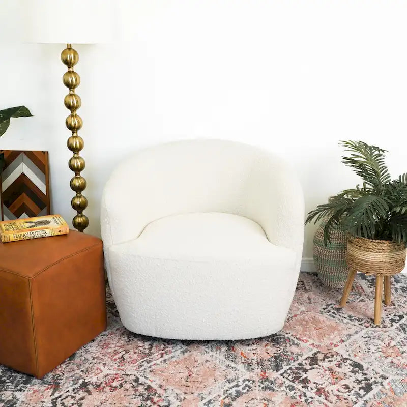 Fauteuil pivotant Belinda, style moderne du milieu du siècle, recouvert de tissu bouclé