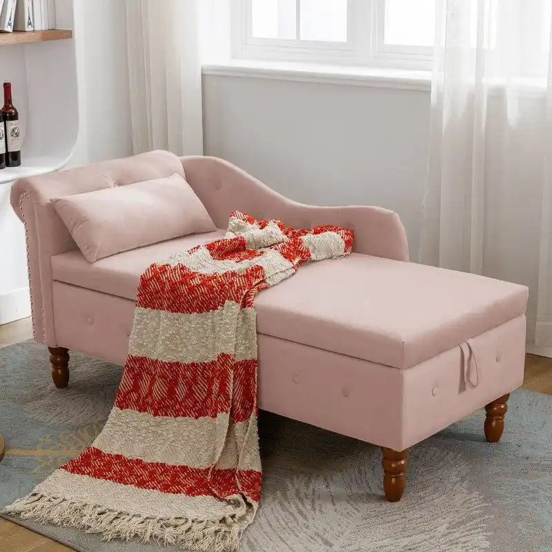 Chaise longue d'intérieur, fauteuil lounge en velours pour chambre à coucher avec rangement et coussin, chaise longue moderne rembourrée à accoudoirs arrondis