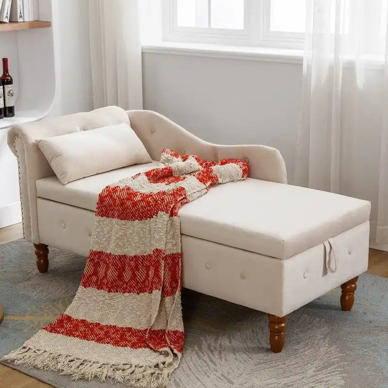 Chaise longue d'intérieur, fauteuil lounge en velours pour chambre à coucher avec rangement et coussin, chaise longue moderne rembourrée à accoudoirs arrondis