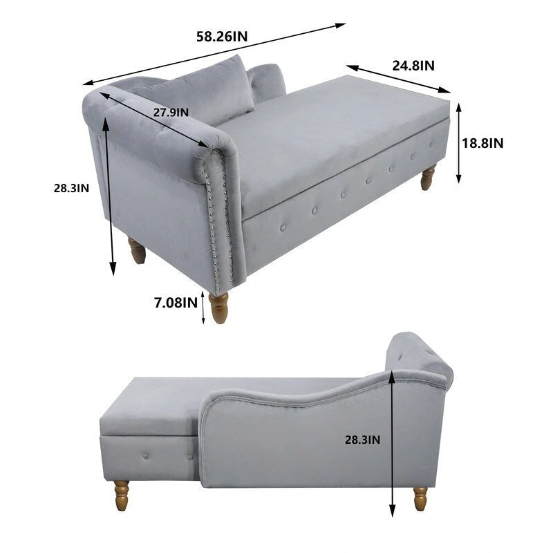 Chaise longue d'intérieur, fauteuil lounge en velours pour chambre à coucher avec rangement et coussin, chaise longue moderne rembourrée à accoudoirs arrondis