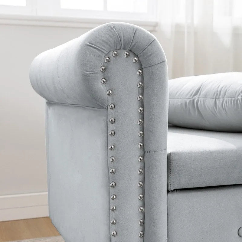 Chaise longue d'intérieur, fauteuil lounge en velours pour chambre à coucher avec rangement et coussin, chaise longue moderne rembourrée à accoudoirs arrondis