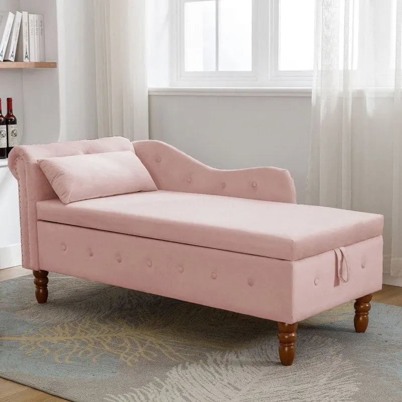 Chaise longue d'intérieur, fauteuil lounge en velours pour chambre à coucher avec rangement et coussin, chaise longue moderne rembourrée à accoudoirs arrondis