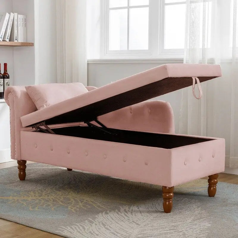 Chaise longue d'intérieur, fauteuil lounge en velours pour chambre à coucher avec rangement et coussin, chaise longue moderne rembourrée à accoudoirs arrondis