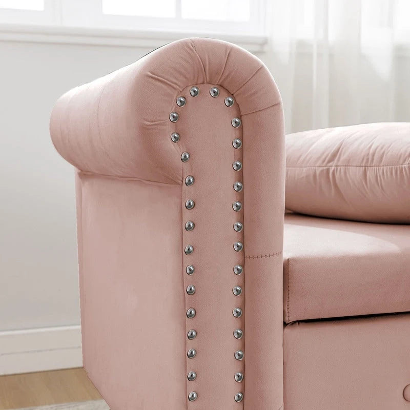 Chaise longue d'intérieur, fauteuil lounge en velours pour chambre à coucher avec rangement et coussin, chaise longue moderne rembourrée à accoudoirs arrondis