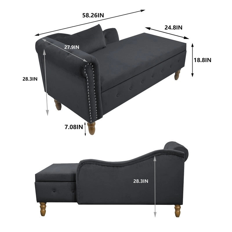 Chaise longue d'intérieur, fauteuil lounge en velours pour chambre à coucher avec rangement et coussin, chaise longue moderne rembourrée à accoudoirs arrondis