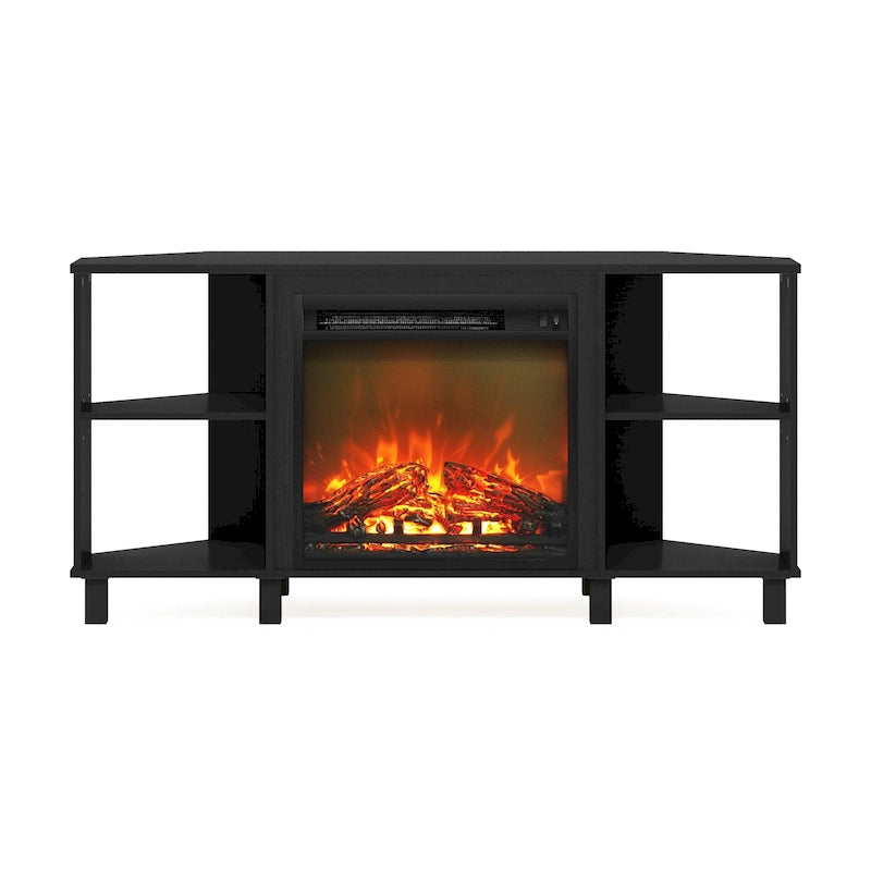Meuble TV d'angle Furinno Jensen avec pieds en métal et cheminée, pour téléviseurs jusqu'à 55 pouces.