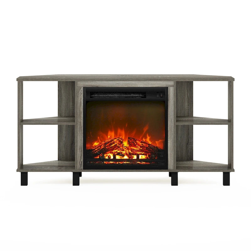 Meuble TV d'angle Furinno Jensen avec pieds en métal et cheminée, pour téléviseurs jusqu'à 55 pouces.