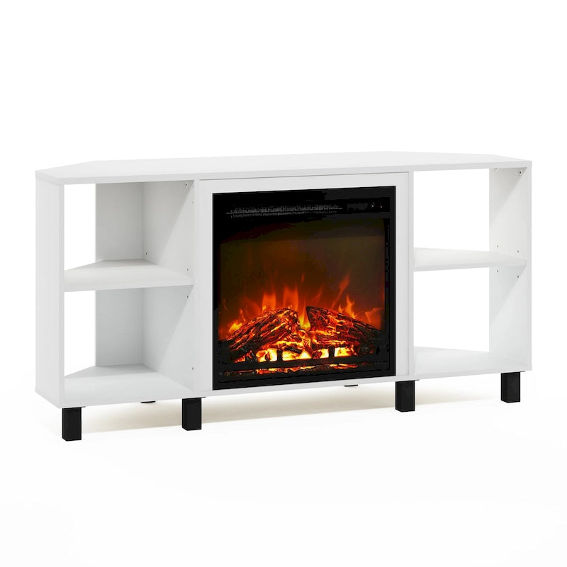 Meuble TV d'angle Furinno Jensen avec pieds en métal et cheminée, pour téléviseurs jusqu'à 55 pouces.