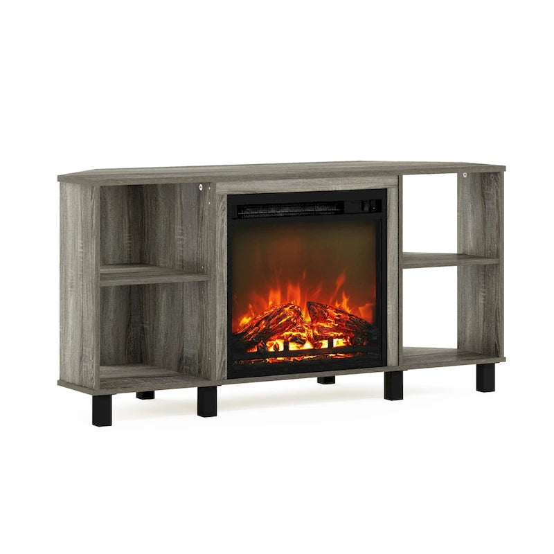 Meuble TV d'angle Furinno Jensen avec pieds en métal et cheminée, pour téléviseurs jusqu'à 55 pouces.
