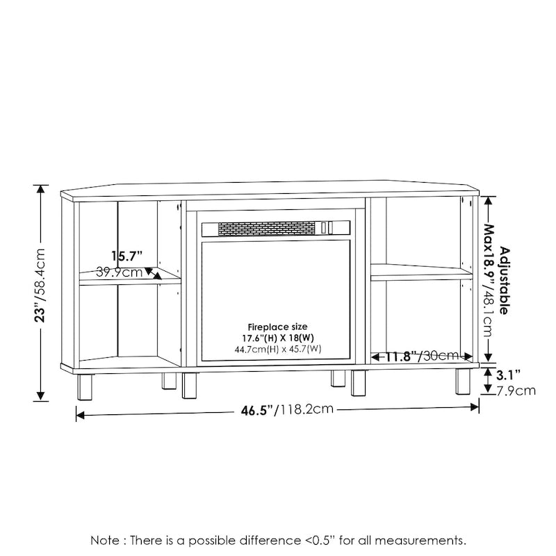 Meuble TV d'angle Furinno Jensen avec pieds en métal et cheminée, pour téléviseurs jusqu'à 55 pouces.