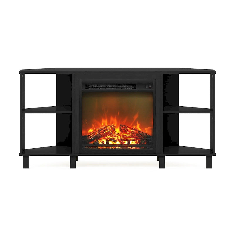 Meuble TV d'angle Furinno Jensen avec pieds en métal et cheminée, pour téléviseurs jusqu'à 55 pouces.