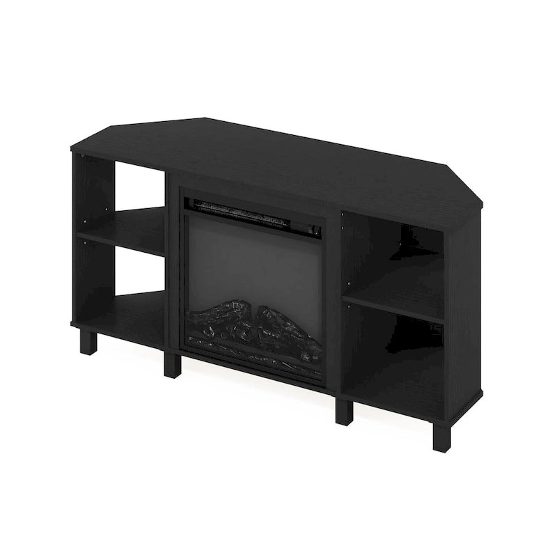 Meuble TV d'angle Furinno Jensen avec pieds en métal et cheminée, pour téléviseurs jusqu'à 55 pouces.
