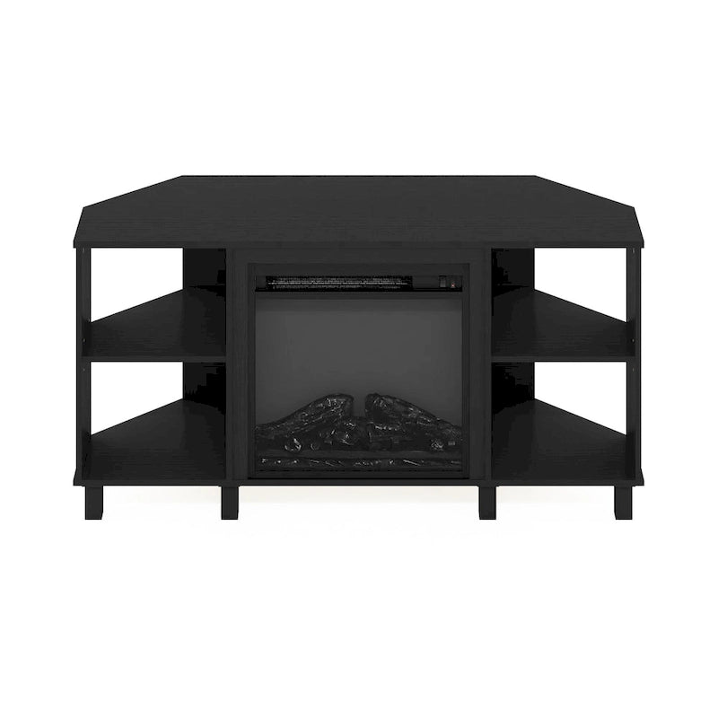 Meuble TV d'angle Furinno Jensen avec pieds en métal et cheminée, pour téléviseurs jusqu'à 55 pouces.