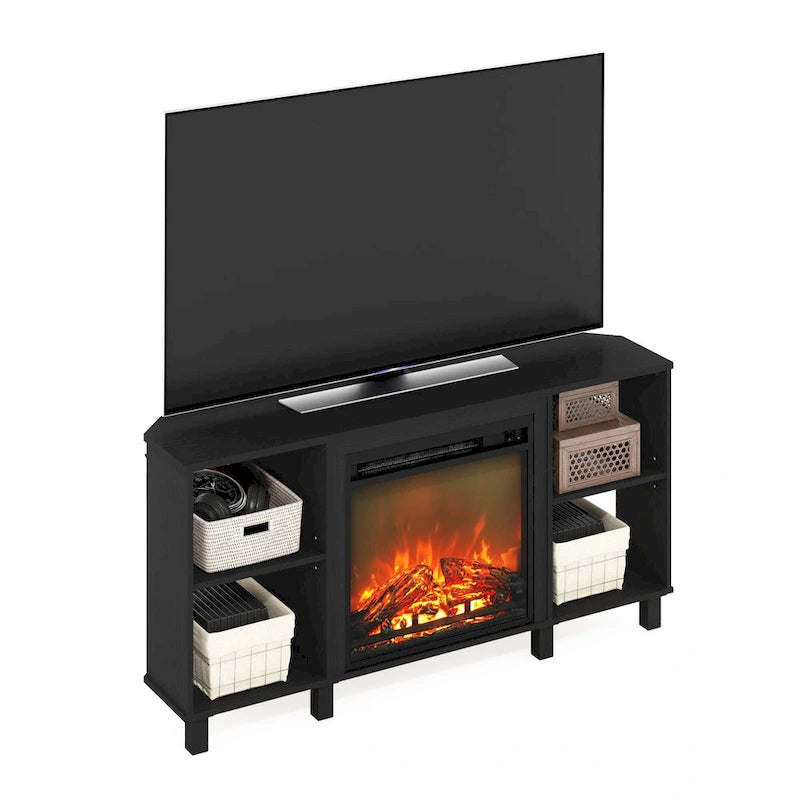 Meuble TV d'angle Furinno Jensen avec pieds en métal et cheminée, pour téléviseurs jusqu'à 55 pouces.