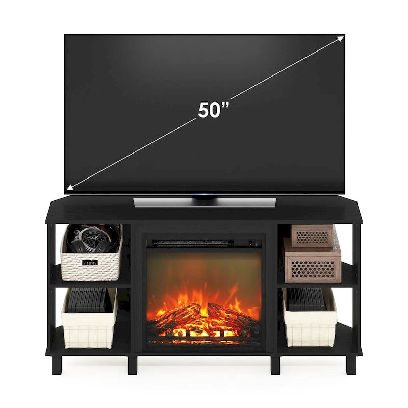 Meuble TV d'angle Furinno Jensen avec pieds en métal et cheminée, pour téléviseurs jusqu'à 55 pouces.