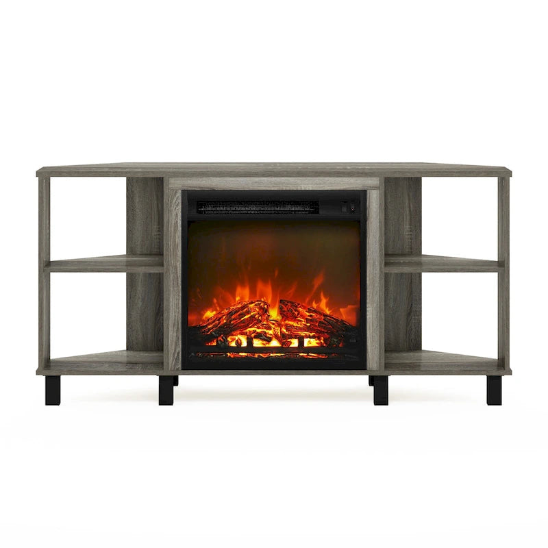 Meuble TV d'angle Furinno Jensen avec pieds en métal et cheminée, pour téléviseurs jusqu'à 55 pouces.