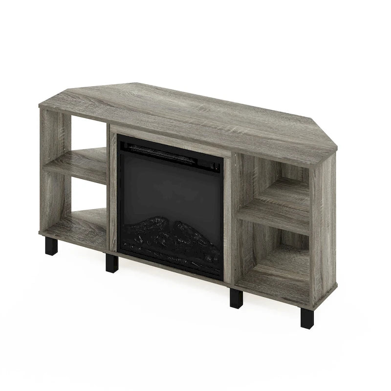 Meuble TV d'angle Furinno Jensen avec pieds en métal et cheminée, pour téléviseurs jusqu'à 55 pouces.