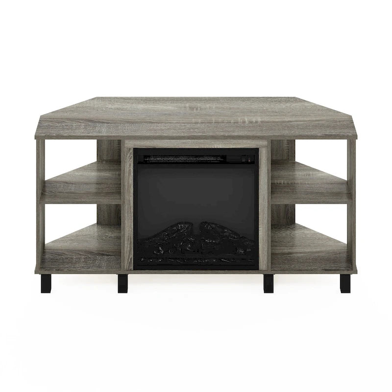 Meuble TV d'angle Furinno Jensen avec pieds en métal et cheminée, pour téléviseurs jusqu'à 55 pouces.